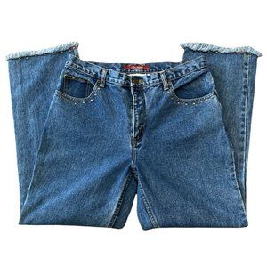 Vintage High Rise Studded Denim Jeans with Studded Raw Hem 35” X 29.5”
